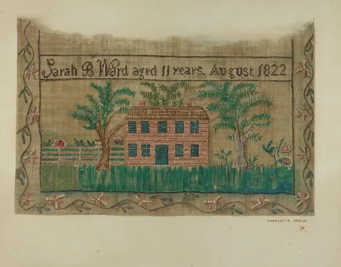 Framed Print : Sampler, c. 1937. Creator: Charlotte Angus Framed Print : Sampler, c. 1937. Creator: Charlotte Angus