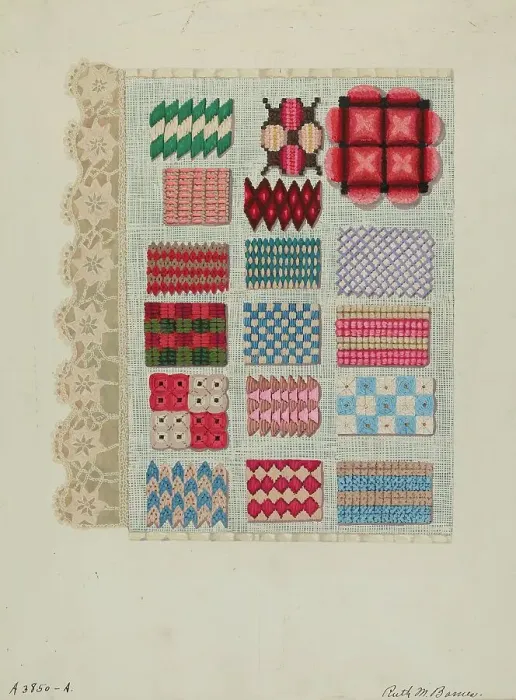 Framed Print : Sampler (Stitching), c. 1937. Creator: Ruth M. Barnes Framed Print : Sampler (Stitching), c. 1937. Creator: Ruth M. Barnes