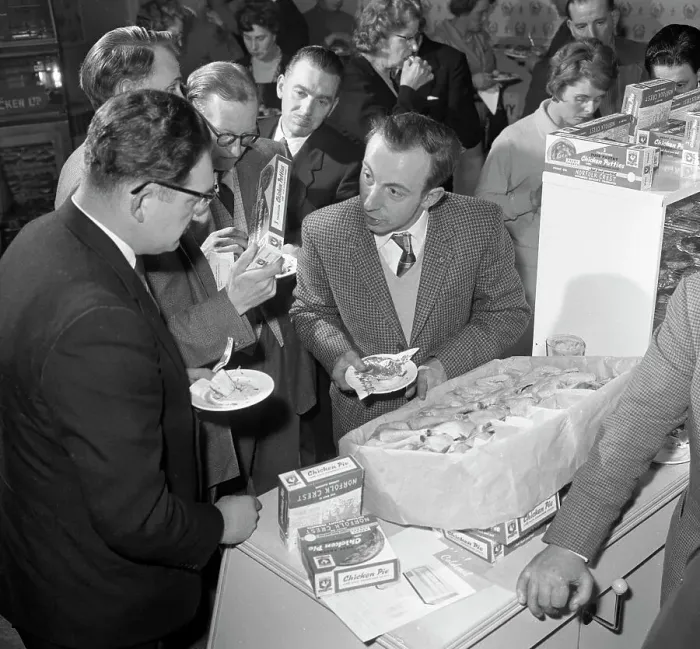 Framed Print : Sampling chicken patties, Wilsic, near Doncaster, South Yorkshire, 1961 Framed Print : Sampling chicken patties, Wilsic, near Doncaster, South Yorkshire, 1961