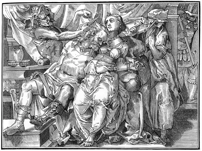 Framed Print : Samson and Delilah, 1574 (1849). Artist: A Bisson Framed Print : Samson and Delilah, 1574 (1849). Artist: A Bisson