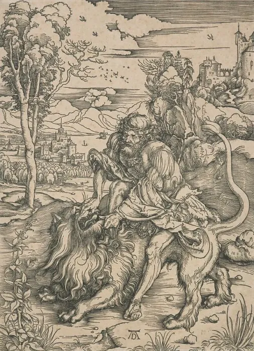 Framed Print : Samson fighting with the lion, 1496-1497. Creator: Albrecht Durer Framed Print : Samson fighting with the lion, 1496-1497. Creator: Albrecht Durer