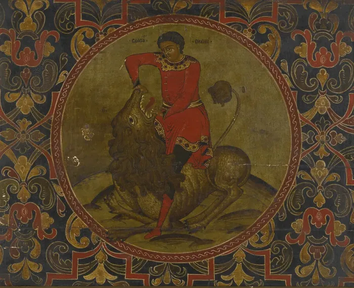Framed Print : Samson Fighting the Lion, Early 18th century. Artist: Russian icon Framed Print : Samson Fighting the Lion, Early 18th century. Artist: Russian icon