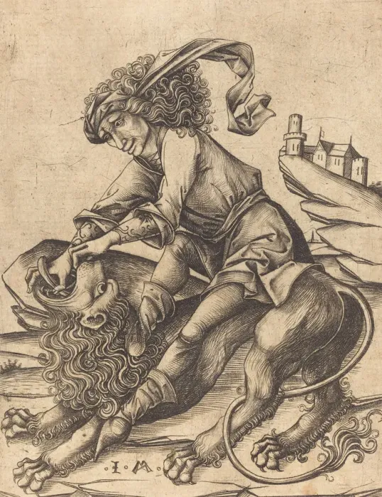 Framed Print : Samson and the Lion, c. 1475. Creator: Israhel van Meckenem Framed Print : Samson and the Lion, c. 1475. Creator: Israhel van Meckenem