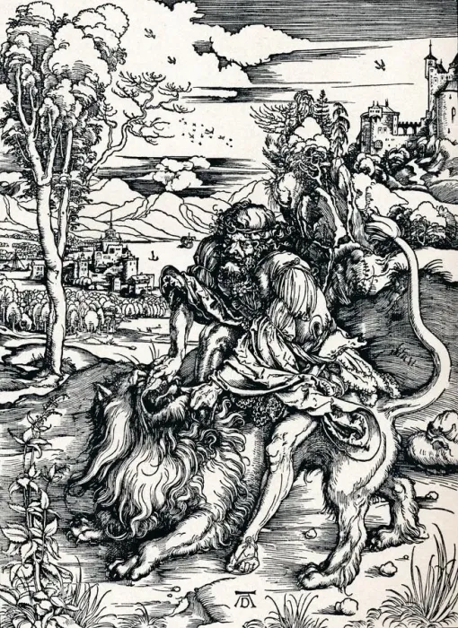 Framed Print : Samson Rending the Lion, 1497 (1906). Artist: Albrecht Durer Framed Print : Samson Rending the Lion, 1497 (1906). Artist: Albrecht Durer