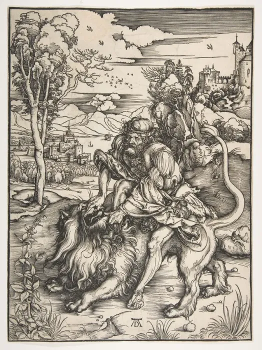 Framed Print : Samson Rending the Lion, ca. 1497-98. Creator: Albrecht Durer Framed Print : Samson Rending the Lion, ca. 1497-98. Creator: Albrecht Durer