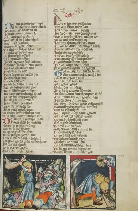 Framed Print : Samson Slaying the Philistines with the Jawbone of an Ass: Samson Drinking... about 1400-1410. Creator: Unknown Framed Print : Samson Slaying the Philistines with the Jawbone of an Ass: Samson Drinking... about 1400-1410. Creator: Unknown