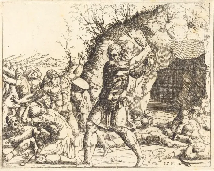 Framed Print : Samson Slays the Philistines. Creator: Augustin Hirschvogel