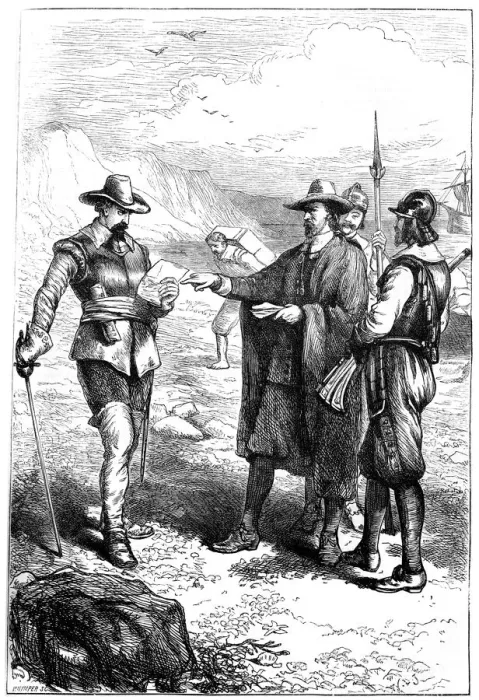 Framed Print : Samuel Gortons landing in America, c1636 (c1880). Artist: Whymper Framed Print : Samuel Gortons landing in America, c1636 (c1880). Artist: Whymper