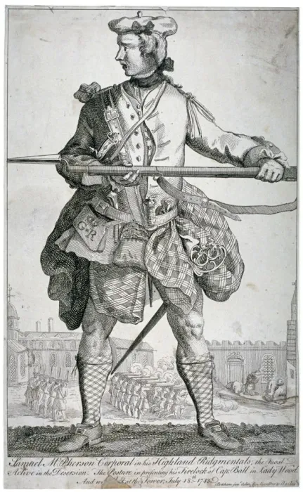 Framed Print : Samuel McPherson, Scottish soldier, 1743. Artist: George Bickham Framed Print : Samuel McPherson, Scottish soldier, 1743. Artist: George Bickham