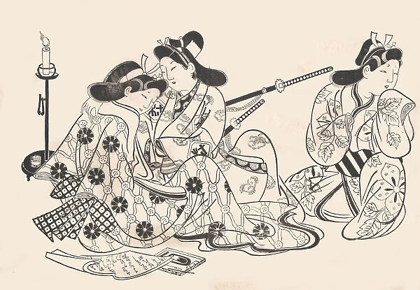 Samurai and Courtesan Seated; A Servant Beside Them, ca. 1685. ca. 1685