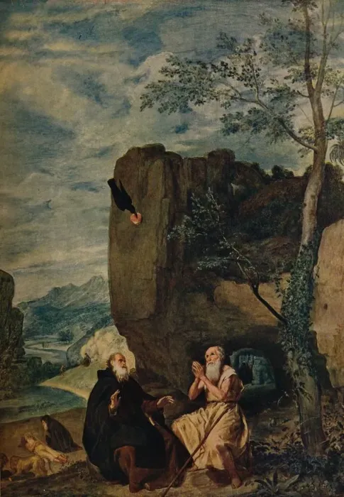 Framed Print : San Antonio Abad Visita A San Pablo, (San Antonio Abad visits Saint Paul), 1634, (c1934). Artist: Diego Velasquez Framed Print : San Antonio Abad Visita A San Pablo, (San Antonio Abad visits Saint Paul), 1634, (c1934). Artist: Diego Velasquez