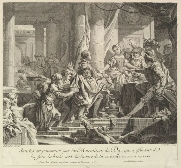 Framed Print : Sancho Pursued by the Kitchen Boys of the Duke, 18th century Framed Print : Sancho Pursued by the Kitchen Boys of the Duke, 18th century
