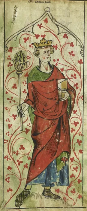 Framed Print : Sanctus Edwardus, Edward the Confessor, standing with a sceptre and a book, c1307-c1327. Creator: Unknown Framed Print : Sanctus Edwardus, Edward the Confessor, standing with a sceptre and a book, c1307-c1327. Creator: Unknown