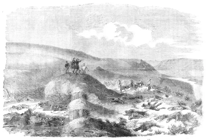 Framed Print : Sandbag Battery defended by the Guards - sketched on the morning of the Battle of Inkerman, 1854. Creator: Unknown Framed Print : Sandbag Battery defended by the Guards - sketched on the morning of the Battle of Inkerman, 1854. Creator: Unknown