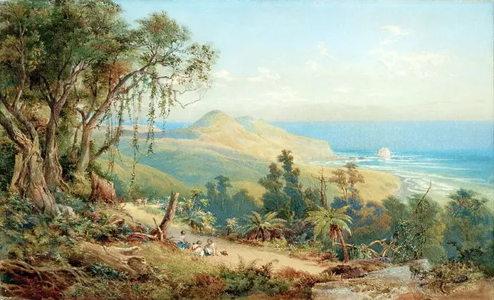 Framed Print : Sandfly Bay, Otago, c1879. Creator: Nicholas Chevalier Framed Print : Sandfly Bay, Otago, c1879. Creator: Nicholas Chevalier