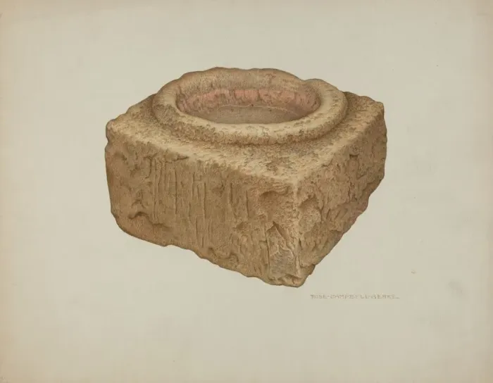 Framed Print : Sandstone Holy Water Font, c. 1940. Creator: Rose Campbell-Gerke Framed Print : Sandstone Holy Water Font, c. 1940. Creator: Rose Campbell-Gerke