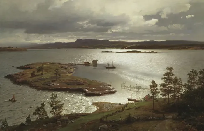 Framed Print : The Sandvik Fiord, 1879. Creator: Hans Fredrik Gude Framed Print : The Sandvik Fiord, 1879. Creator: Hans Fredrik Gude