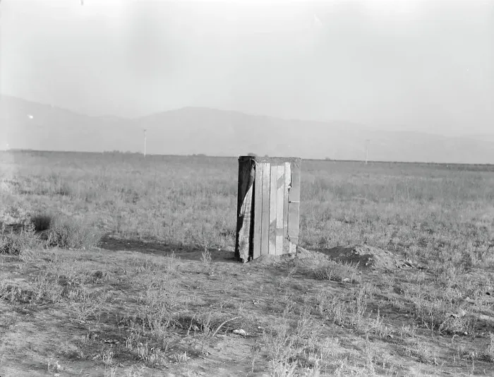 Framed Print : Sanitary facilities for migratory workers, Ditch bank camp, near Arvin, Kern County, CA, 1936. Creator: Dorothea Lange Framed Print : Sanitary facilities for migratory workers, Ditch bank camp, near Arvin, Kern County, CA, 1936. Creator: Dorothea Lange
