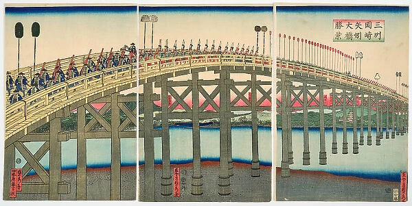 Sanshu Okazaki Yahagi ohashi shokei (View of the Great Bridge of Yahagi near Okazak..., 1863. Creator: Sadahide, Utagawa (1807-1873)