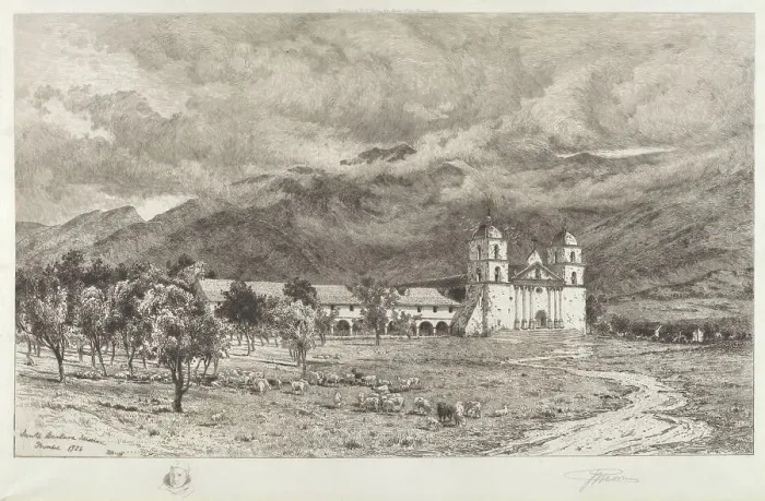 Framed Print : Santa Barbara Mission, 1886. Creator: Peter Moran Framed Print : Santa Barbara Mission, 1886. Creator: Peter Moran