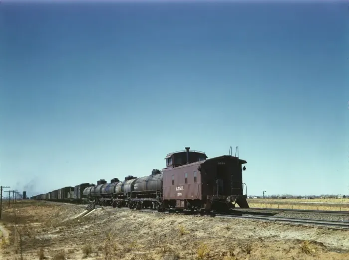 Framed Print : Santa Fe R. R. west bound freight stopping for water, Melrose, New Mexico, 1943. Creator: Jack Delano Framed Print : Santa Fe R. R. west bound freight stopping for water, Melrose, New Mexico, 1943. Creator: Jack Delano
