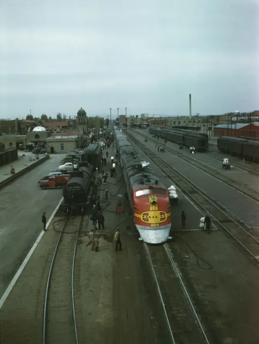 Framed Print : Santa Fe R.R. streamliner, the super Chief, being serviced... Albuquerque, N.Mexico, 1943. Creator: Jack Delano Framed Print : Santa Fe R.R. streamliner, the super Chief, being serviced... Albuquerque, N.Mexico, 1943. Creator: Jack Delano