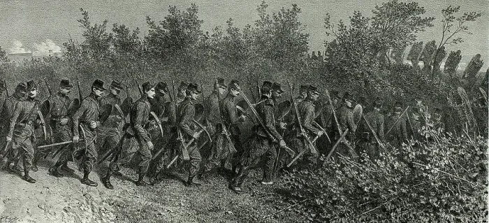 Framed Print : Sappers going to the trenches, from Souvenirs d'Italie: Expédition de Rome, 1854. Creator: Auguste Raffet Framed Print : Sappers going to the trenches, from Souvenirs d'Italie: Expédition de Rome, 1854. Creator: Auguste Raffet