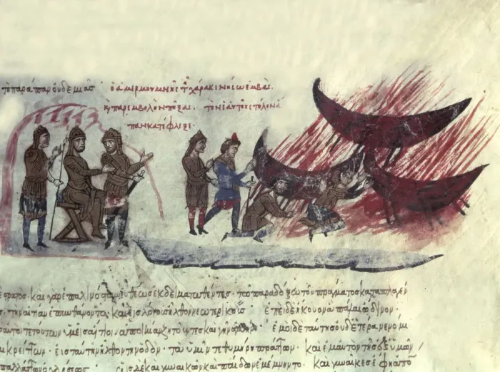 Framed Print : Saracens landed in Crete, Miniature in Scylitzes matritensis (facsimile edition Framed Print : Saracens landed in Crete, Miniature in Scylitzes matritensis (facsimile edition