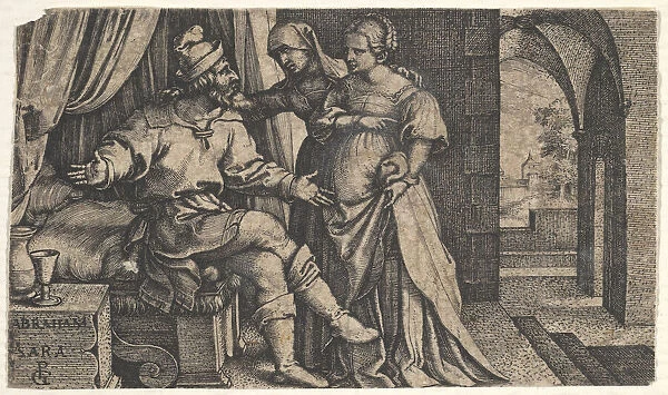 Sarah presenting Hagar to Abraham, who sits at the foot of a bed, from the series The
