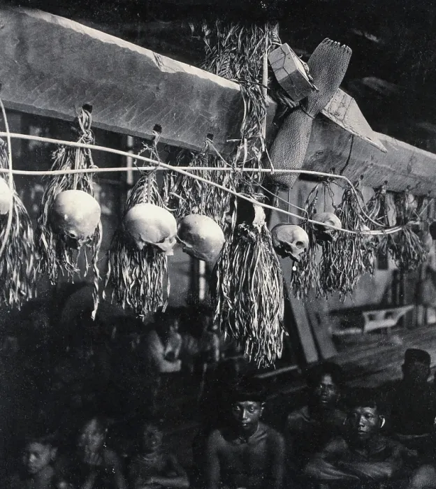 Framed Print : Sarawak: decorated human skulls hanging in a Kayan house, c1900. Creator: Unknown Framed Print : Sarawak: decorated human skulls hanging in a Kayan house, c1900. Creator: Unknown