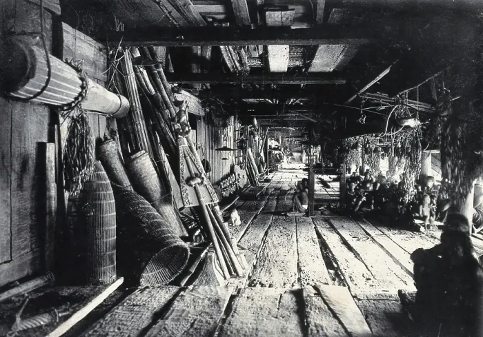 Framed Print : Sarawak: interior of a Kayan tribal house, c1900. Creator: Unknown Framed Print : Sarawak: interior of a Kayan tribal house, c1900. Creator: Unknown