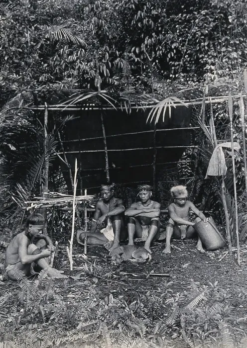 Framed Print : Sarawak: four Kayan hunters in their camp, c1900. Creator: Unknown Framed Print : Sarawak: four Kayan hunters in their camp, c1900. Creator: Unknown