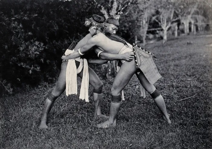 Framed Print : Sarawak: two Kayans wrestling, c1900. Creator: Unknown Framed Print : Sarawak: two Kayans wrestling, c1900. Creator: Unknown