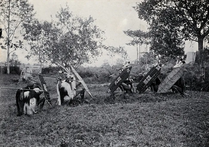 Framed Print : Sarawak: five Kenyah warriors in a warfare ritual, c1900. Creator: Unknown Framed Print : Sarawak: five Kenyah warriors in a warfare ritual, c1900. Creator: Unknown
