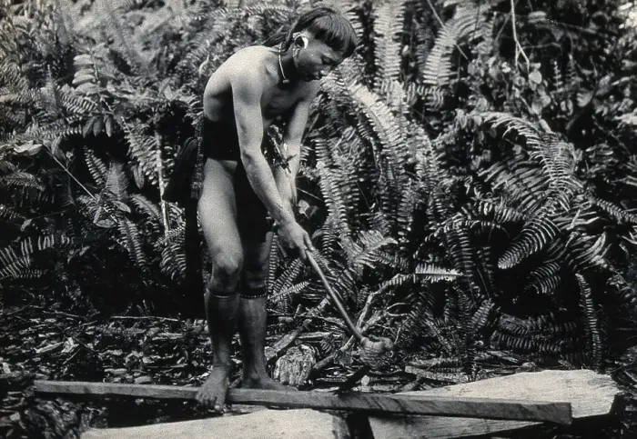 Framed Print : Sarawak: a Kenyah worker cutting a blowpipe from a block of wood, c1900. Creator: Unknown Framed Print : Sarawak: a Kenyah worker cutting a blowpipe from a block of wood, c1900. Creator: Unknown