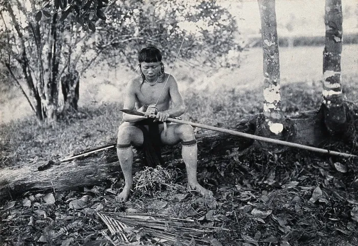 Framed Print : Sarawak: a Kenyah worker tying a spearhead to a blowpipe, c1900. Creator: Unknown