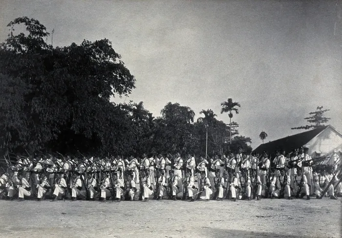 Framed Print : Sarawak: a line-up of armed Sarawak Rangers, c1900. Creator: Unknown Framed Print : Sarawak: a line-up of armed Sarawak Rangers, c1900. Creator: Unknown