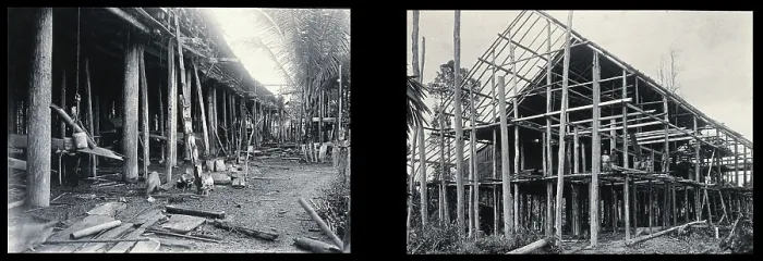 Framed Print : Sarawak: the supporting poles of a Kayan tribal house and a Sea Dayak house under construction. Creator: Unknown Framed Print : Sarawak: the supporting poles of a Kayan tribal house and a Sea Dayak house under construction. Creator: Unknown
