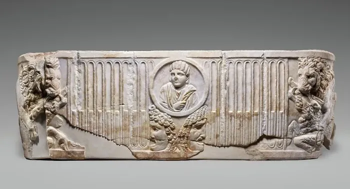 Framed Print : Front of a Sarcophagus with Female Portrait in a Medallion above Two Theatrical Masks...250-275. Creator: Unknown Framed Print : Front of a Sarcophagus with Female Portrait in a Medallion above Two Theatrical Masks...250-275. Creator: Unknown
