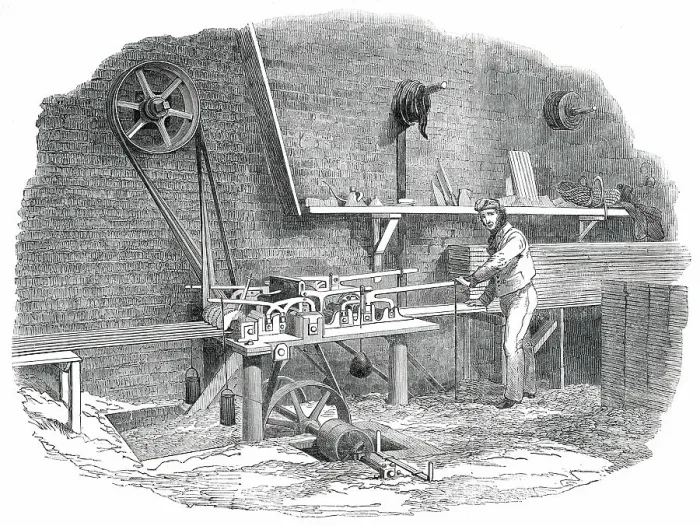 Framed Print : The Sash-Bar Machine, for the Great Exhibition Building, in Hyde Park, 1850. Creator: Unknown Framed Print : The Sash-Bar Machine, for the Great Exhibition Building, in Hyde Park, 1850. Creator: Unknown