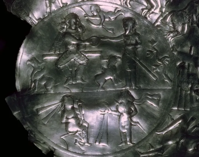 Framed Print : A Sassanid silver dish showing the investiture of a King Framed Print : A Sassanid silver dish showing the investiture of a King
