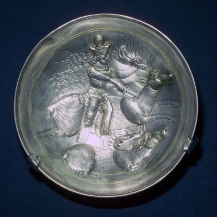 Framed Print : A Sassanid silver dish showing King Shapur II, 4th century Framed Print : A Sassanid silver dish showing King Shapur II, 4th century