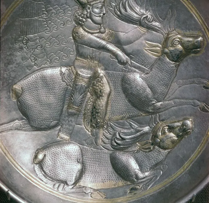 Framed Print : A Sassanid silver dish showing King Shapur II, 4th century Framed Print : A Sassanid silver dish showing King Shapur II, 4th century