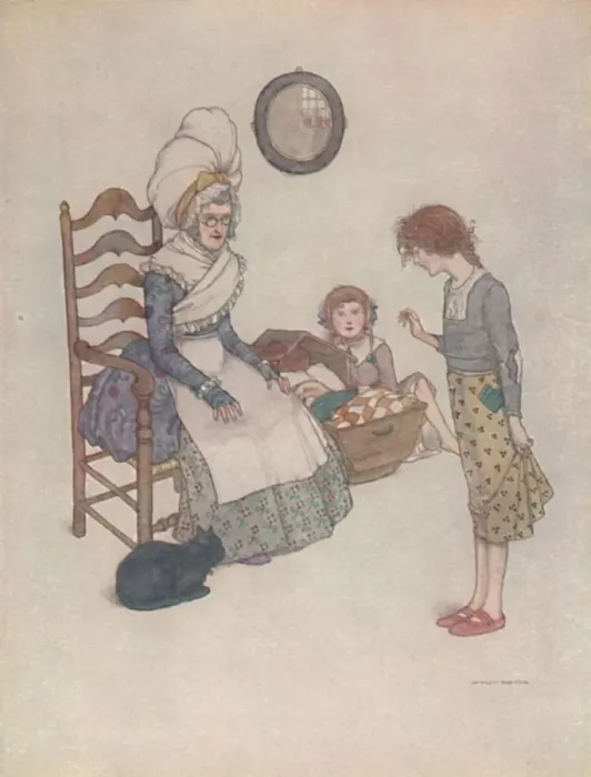 Framed Print : She Sat Down One Day and Made Out of Some Pieces of Red Cloth a Pair of Little Shoes, c1930. Artist: W Heath Robinson Framed Print : She Sat Down One Day and Made Out of Some Pieces of Red Cloth a Pair of Little Shoes, c1930. Artist: W Heath Robinson