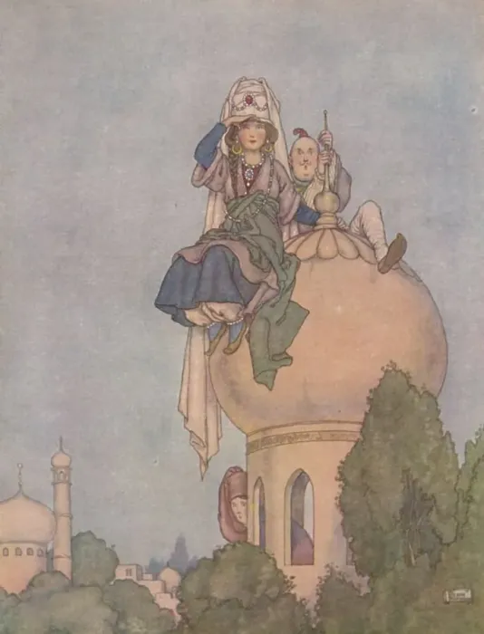 Framed Print : She Sat The Livelong Day Upon the Roof of Her Palace, Expecting Him, c1930. Artist: W Heath Robinson Framed Print : She Sat The Livelong Day Upon the Roof of Her Palace, Expecting Him, c1930. Artist: W Heath Robinson