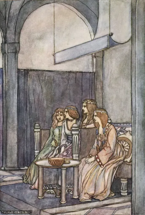 Framed Print : There sat the three maidens with the Queen, c1910. Artist: Stephen Reid Framed Print : There sat the three maidens with the Queen, c1910. Artist: Stephen Reid