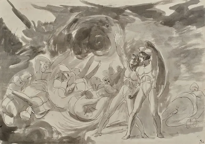 Framed Print : Satan Surveying the Fallen Angels, 1833. Creator: George Romney Framed Print : Satan Surveying the Fallen Angels, 1833. Creator: George Romney