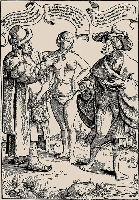 Framed Print : Satire on conjugal fidelity, c.1540. Creator: Vogtherr, Heinrich, the Elder (1490-1556) Framed Print : Satire on conjugal fidelity, c.1540. Creator: Vogtherr, Heinrich, the Elder (1490-1556)
