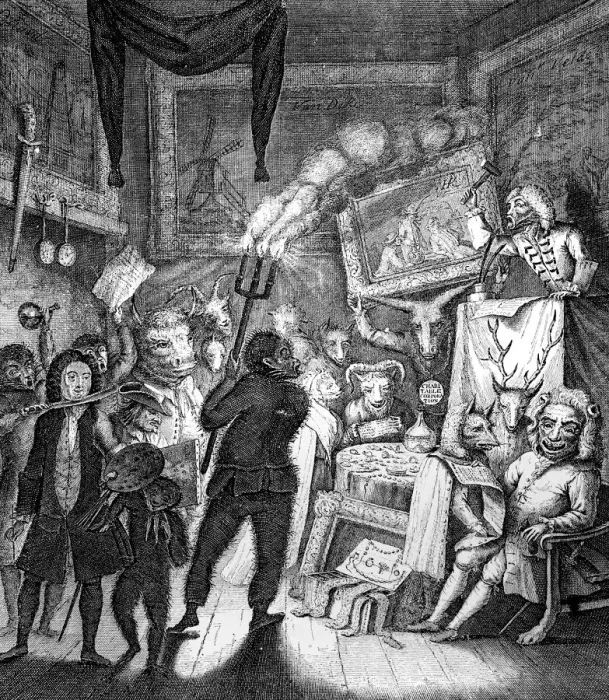 Framed Print : Satire on a picture auction, 1730. Artist: William Henry Toms Framed Print : Satire on a picture auction, 1730. Artist: William Henry Toms