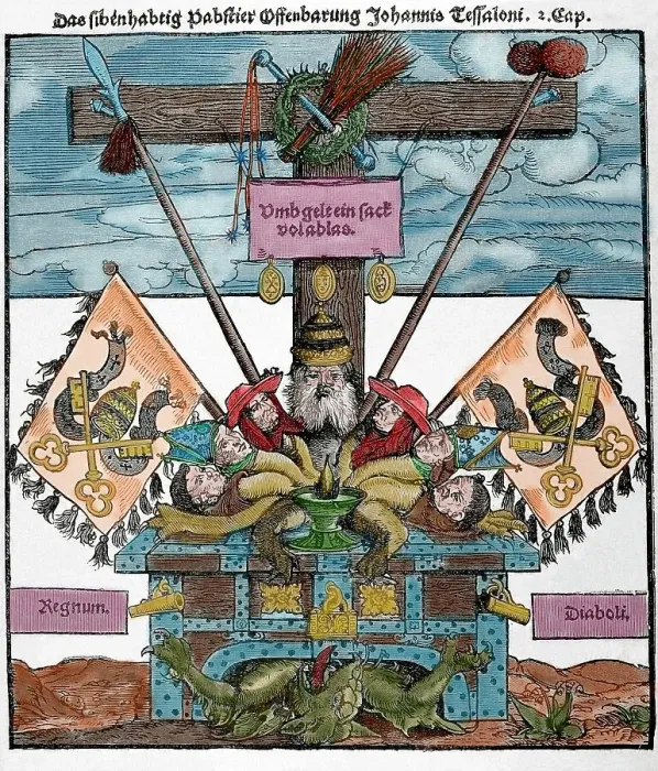 Framed Print : Satire against the sale of indulgences, Protestant Reformation, Germany, 1885. Creator: Unknown Framed Print : Satire against the sale of indulgences, Protestant Reformation, Germany, 1885. Creator: Unknown